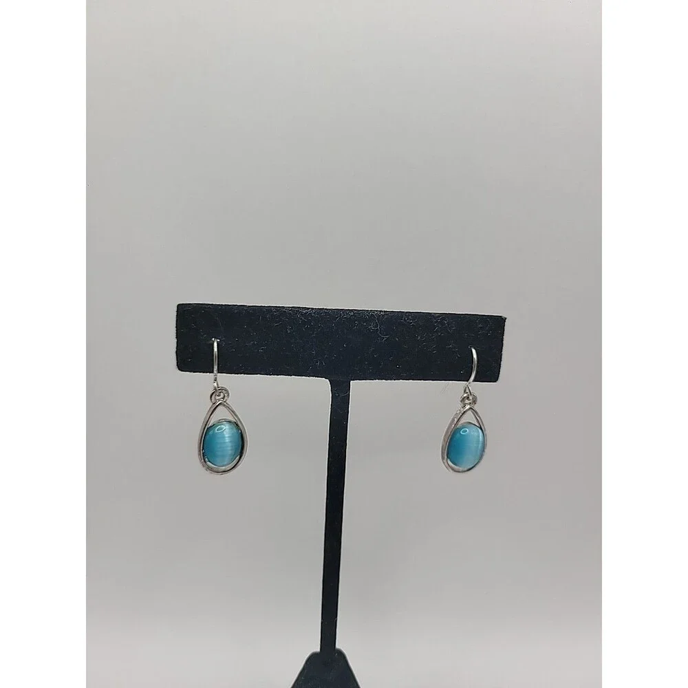 Blue Cats Eye Teardrop Dangle Earrings Silver Tone Glass Stone Minimalist Boho - Picture 3 of 9